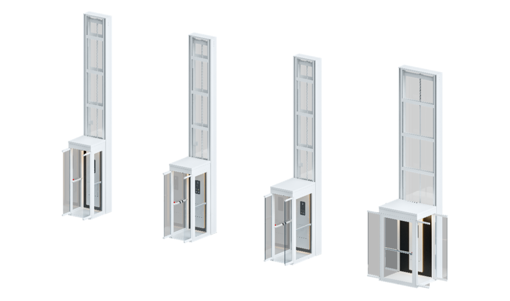 Four CGI renders of the Ascenda: Mini Elevator in S, M, L, and XL sizes, each with a white panoramic shaft and glass door.