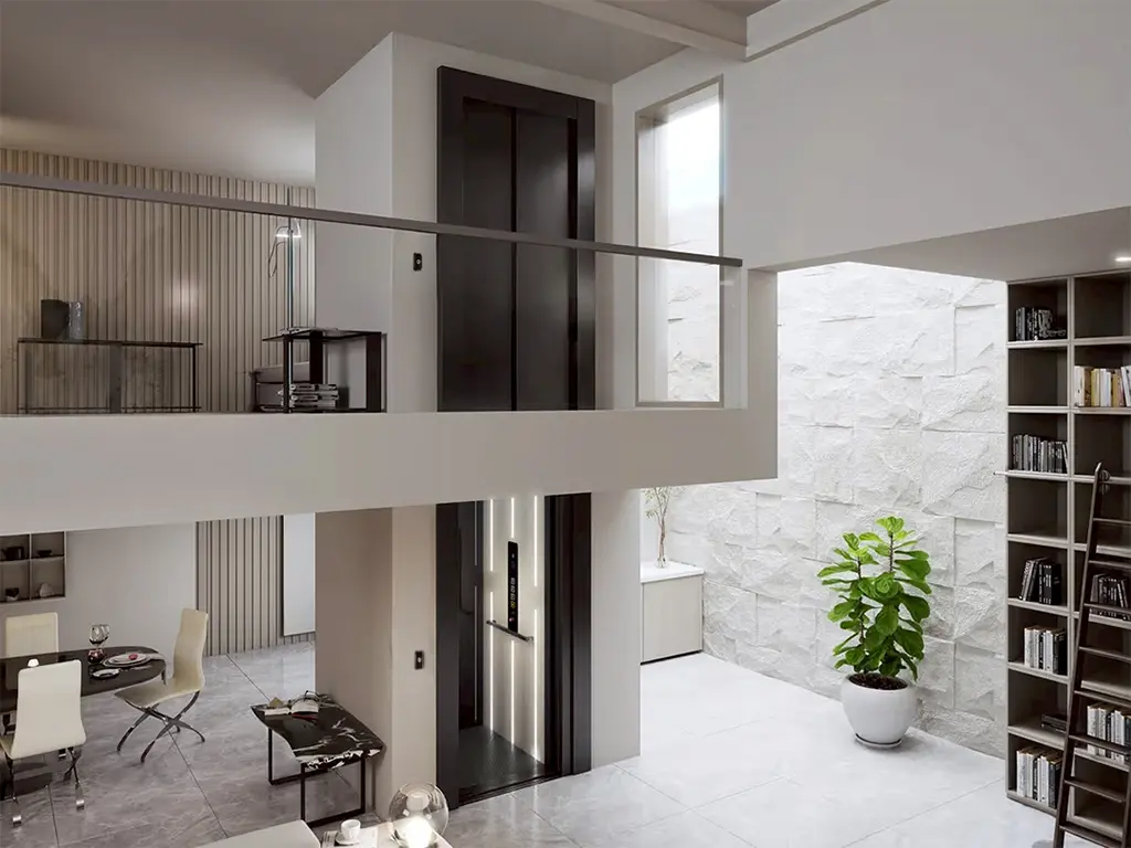 Cabin home lift installed across two floors inside a modern luxury villa.