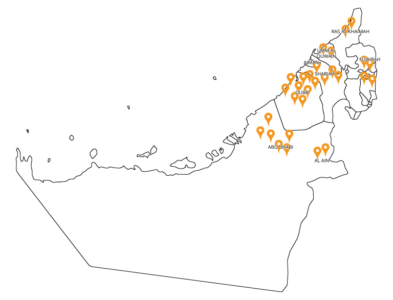 Vector map of the UAE showing orange location pins across all seven emirates, highlighting more than 500 Cibes home lift installations.