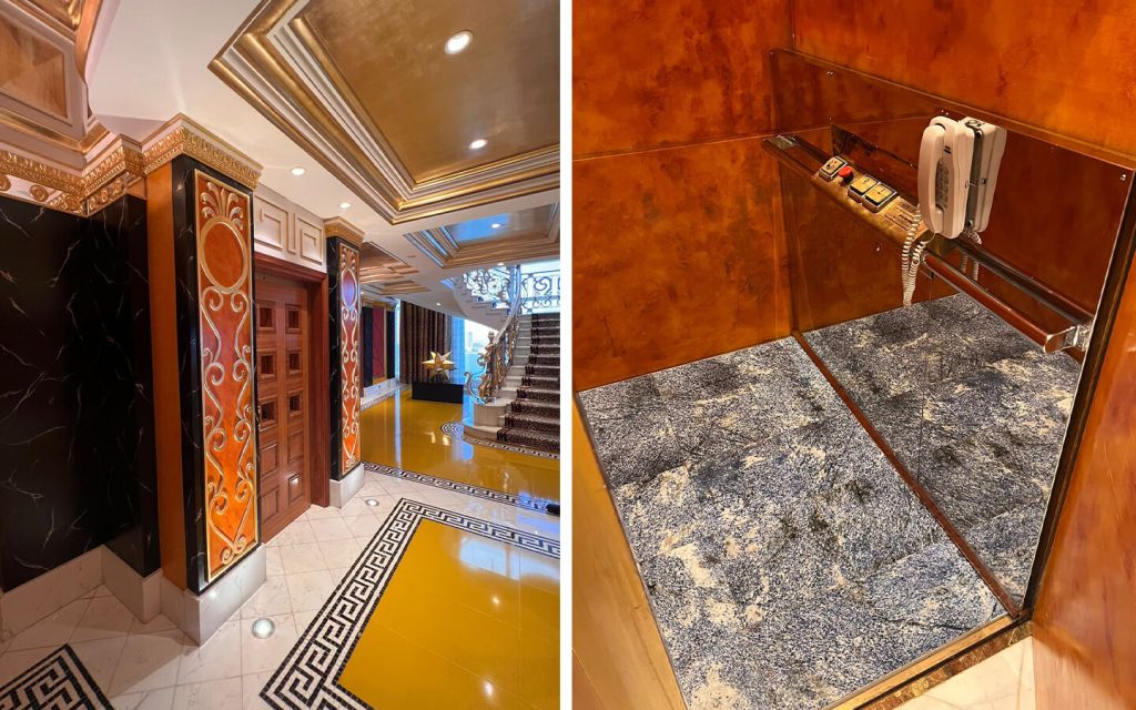 Burj Al Arab Royal Suite interior with ornate gold-and-marble décor and staircase, alongside a close-up of the private in-suite elevator cabin with mirrored wall, controls, and handset.