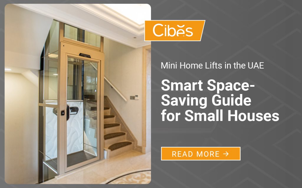 Mini home lift with glass shaft beside a staircase in a UAE villa, space saving design.