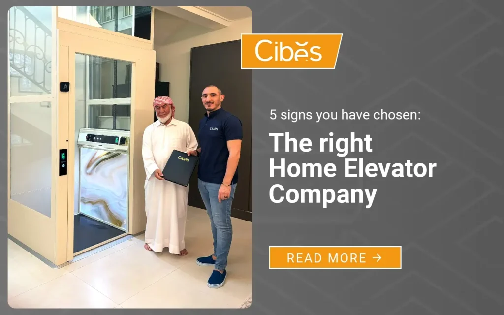 Customer and Cibes representative standing beside a modern home elevator installation in a villa, symbolizing trust in choosing the right home elevator company.