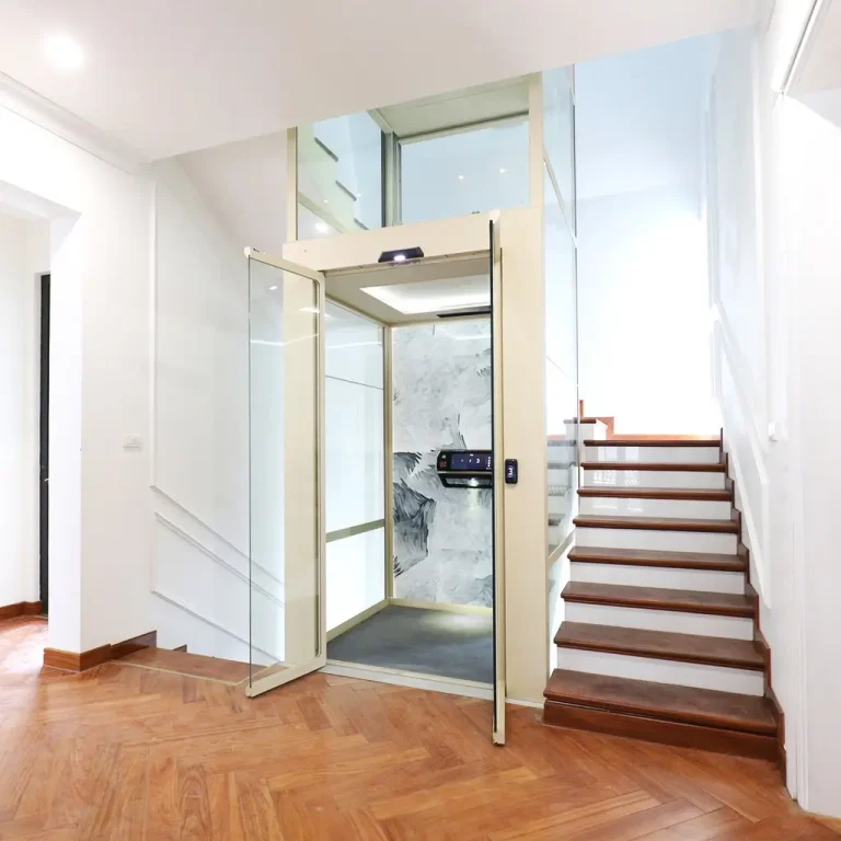 A modern Cibes Lift V90 home elevator with glass walls and an open door, positioned next to a wooden staircase in a bright, contemporary home.