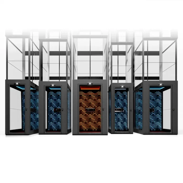 Lineup of panoramic home lifts in varying widths, showing modular shafts and customizable door panels in blue and orange (up to 41 sizes).