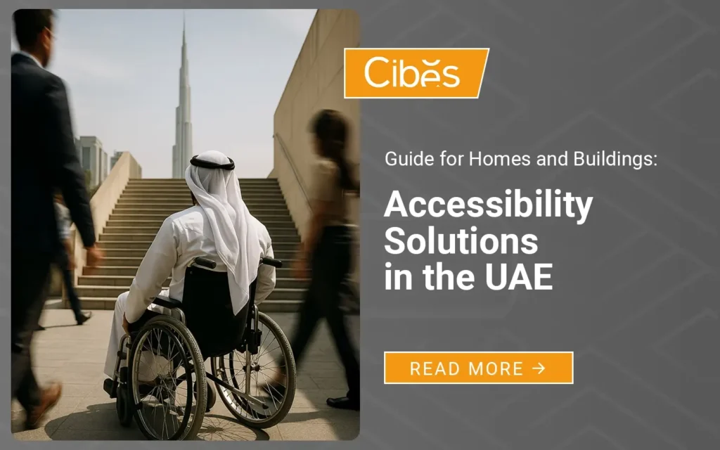 Arab man in a wheelchair facing a long staircase outdoors in Dubai, showing the need for accessibility solutions.