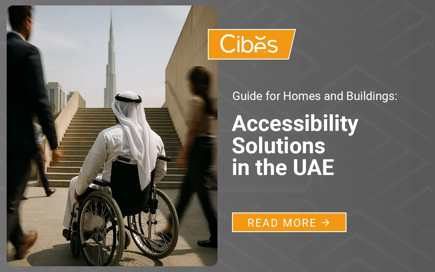 Arab man in a wheelchair facing a long staircase outdoors in Dubai, showing the need for accessibility solutions.