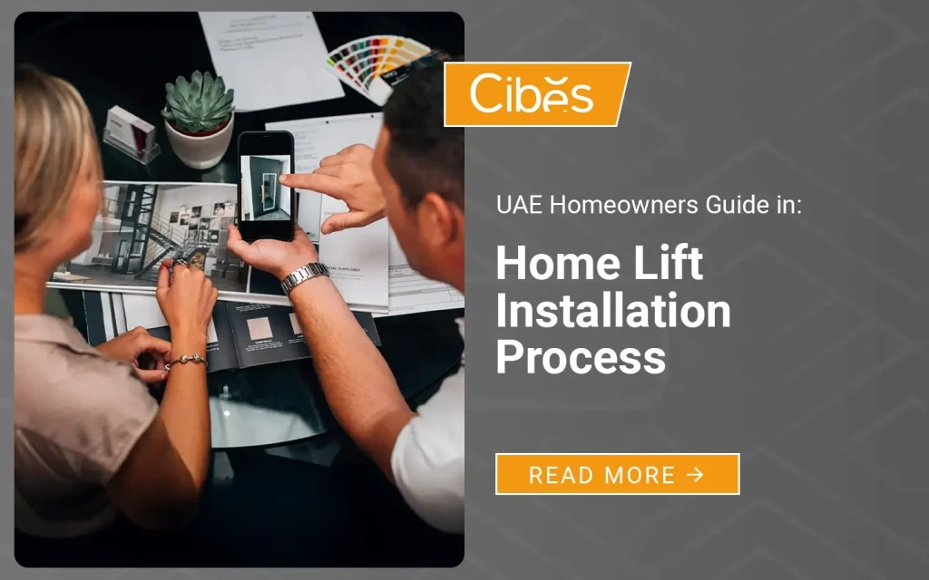 Two people reviewing home lift designs on a phone and brochure during a planning meeting.