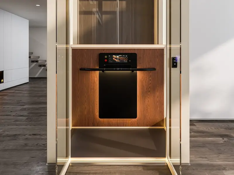Interior lighting and control panel of the Cibes Air 2 platform lift, showcasing warm LED illumination and a modern home lift design.