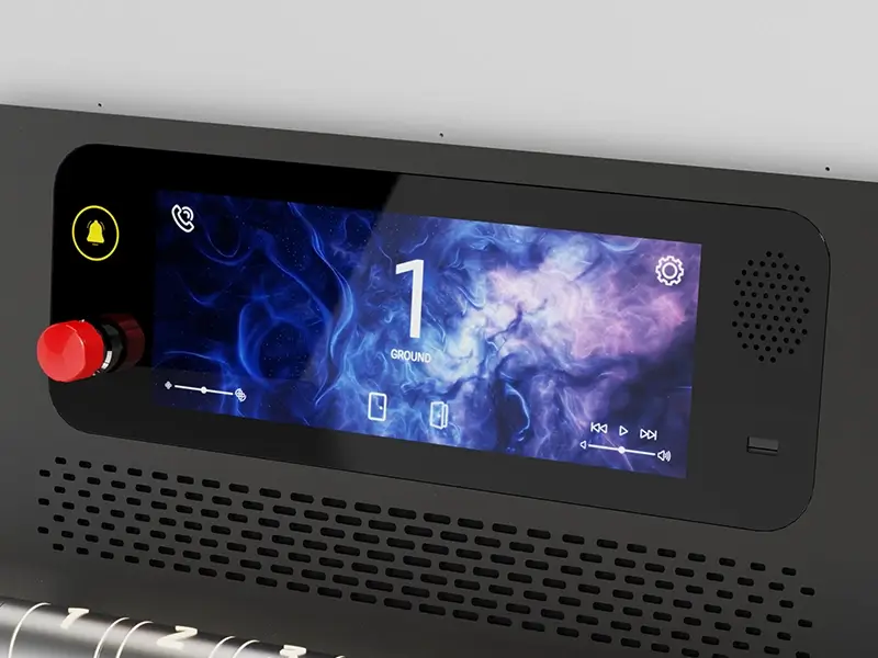 Smart touchscreen control panel of the Cibes Air 2 platform lift, displaying floor information and accessibility-friendly lift controls.