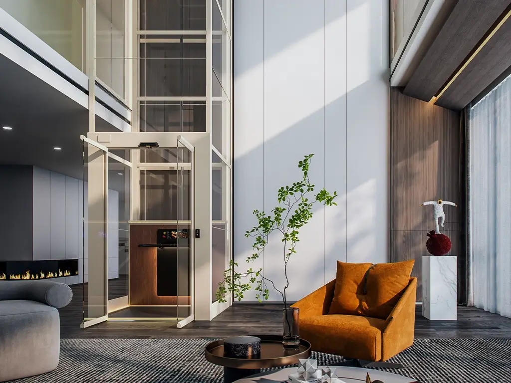 Cibes Air 2 platform lift installed in a modern living space, showing a space-saving home lift with glass shaft and contemporary interior design.
