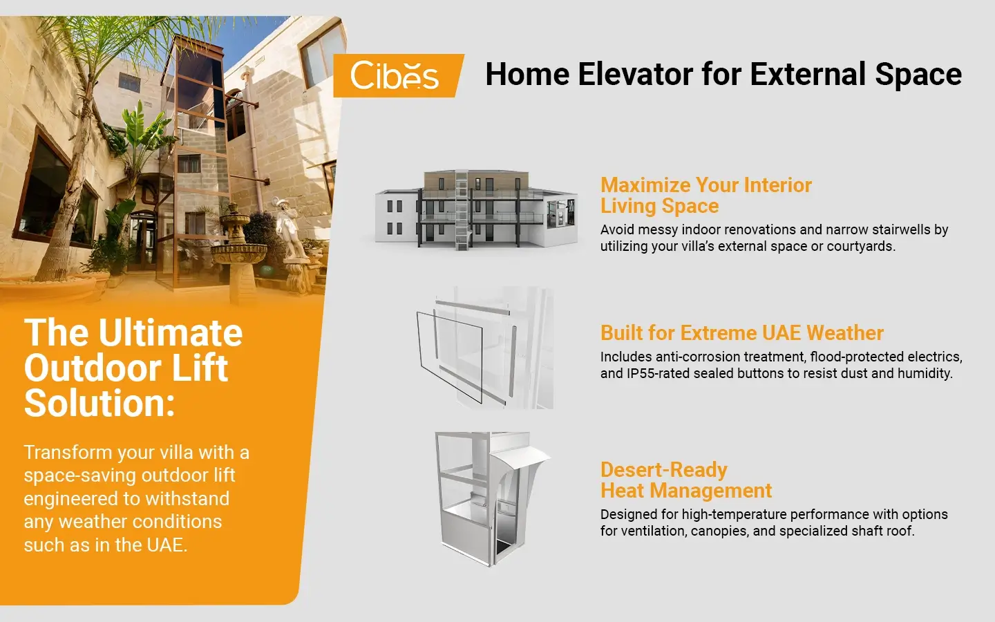 Outdoor home elevator for UAE villas designed for external installation with weather-resistant and heat-protected features.