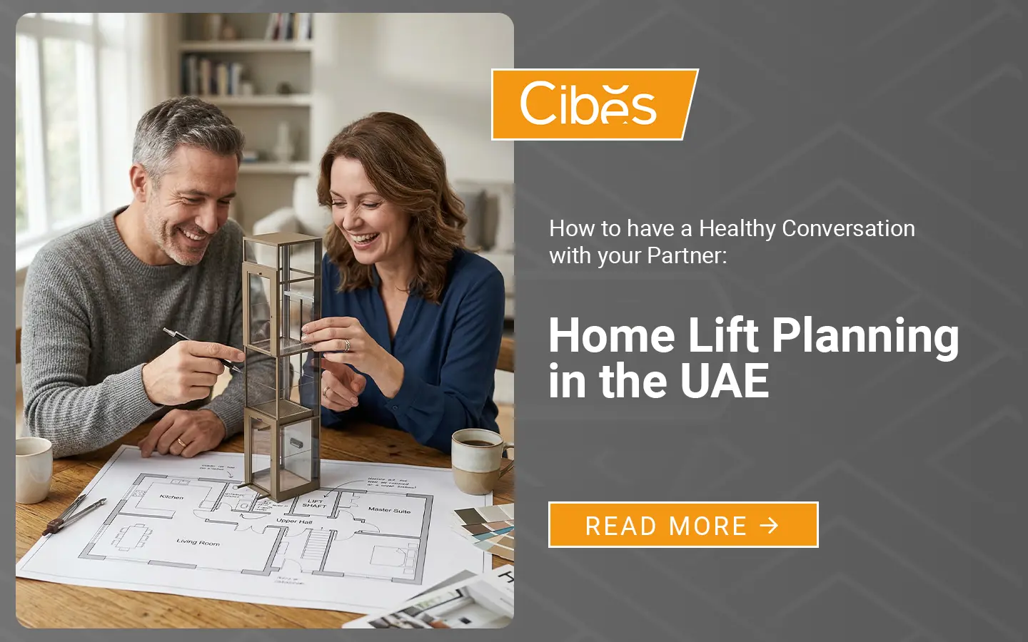 Couple planning home lift installation using villa floor plan and lift model.