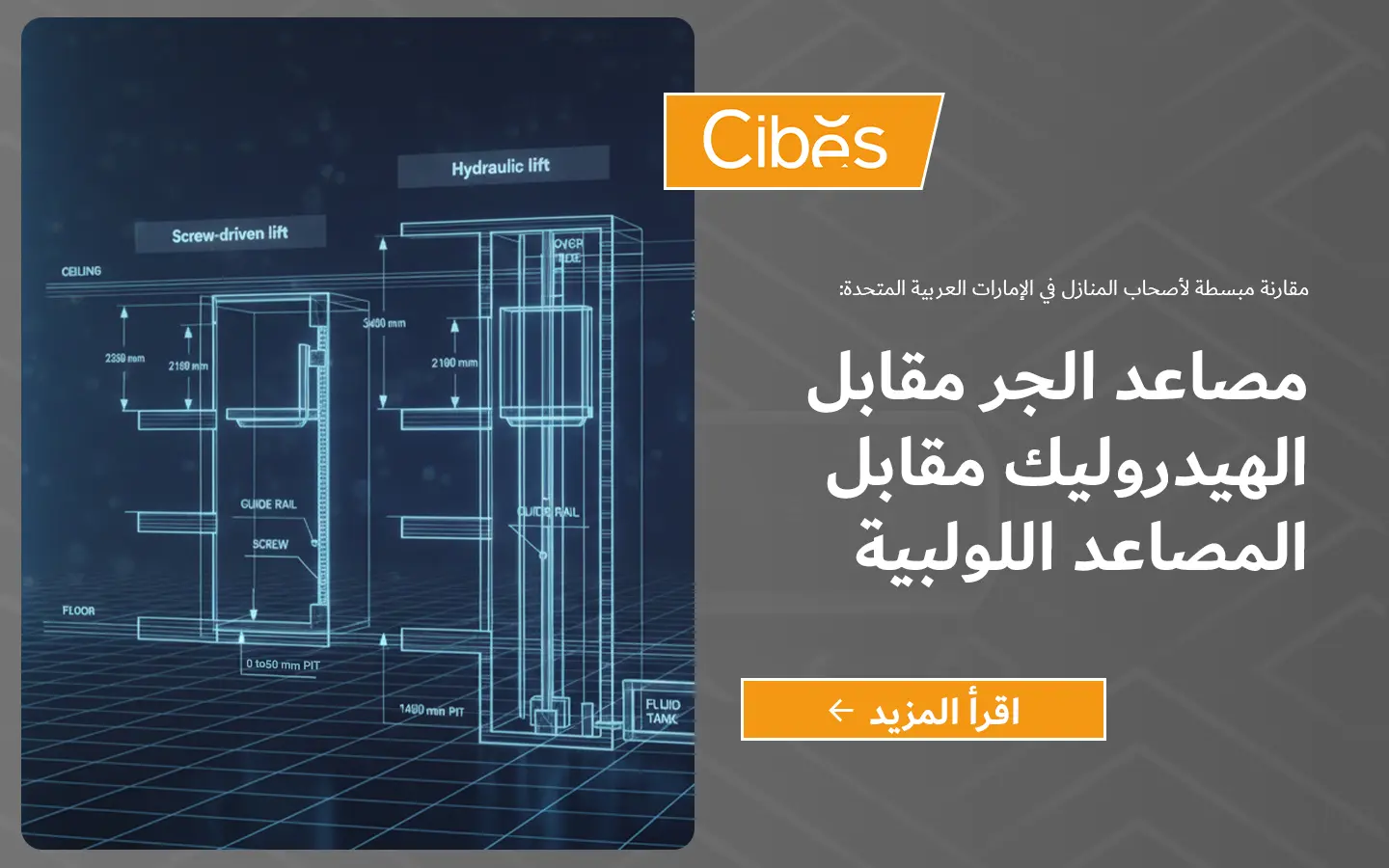 مخطط يوضح مقارنة بين المصعد الهيدروليكي والمصعد اللولبي في تركيب المصاعد المنزلية.