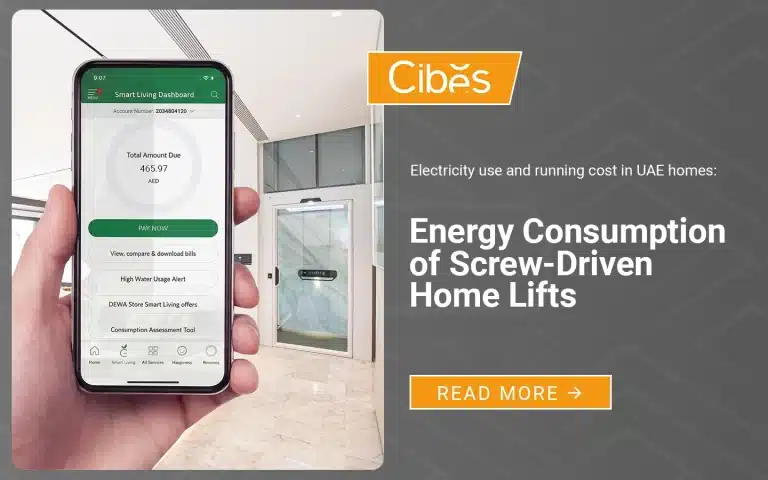 Smartphone showing electricity usage with home lift in villa background.