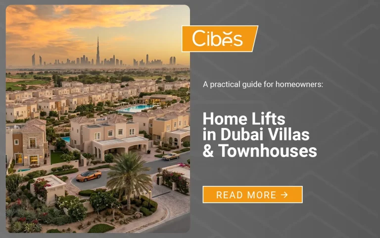 Dubai villa community with modern townhouses, illustrating homes suitable for installing home lifts.