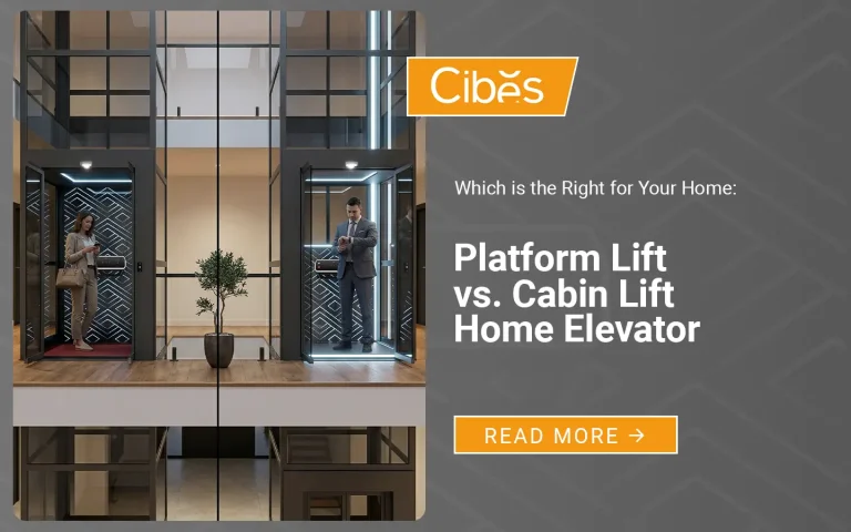 Two home lifts in a modern villa showing platform lift and cabin lift comparison.