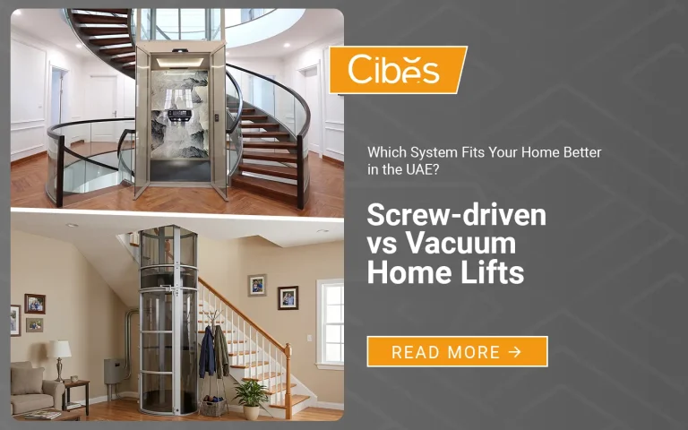Comparison of screw-driven and vacuum home lifts, showing a premium Cibes lift installation and a vacuum lift inside residential homes.